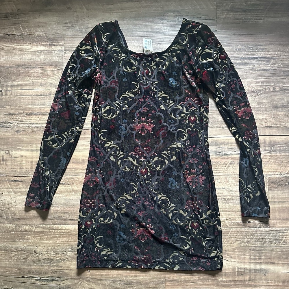 Free People Dress Mini Womens M Black Floral Velvet Bodycon Burnout Grunge Goth - Picture 3 of 8